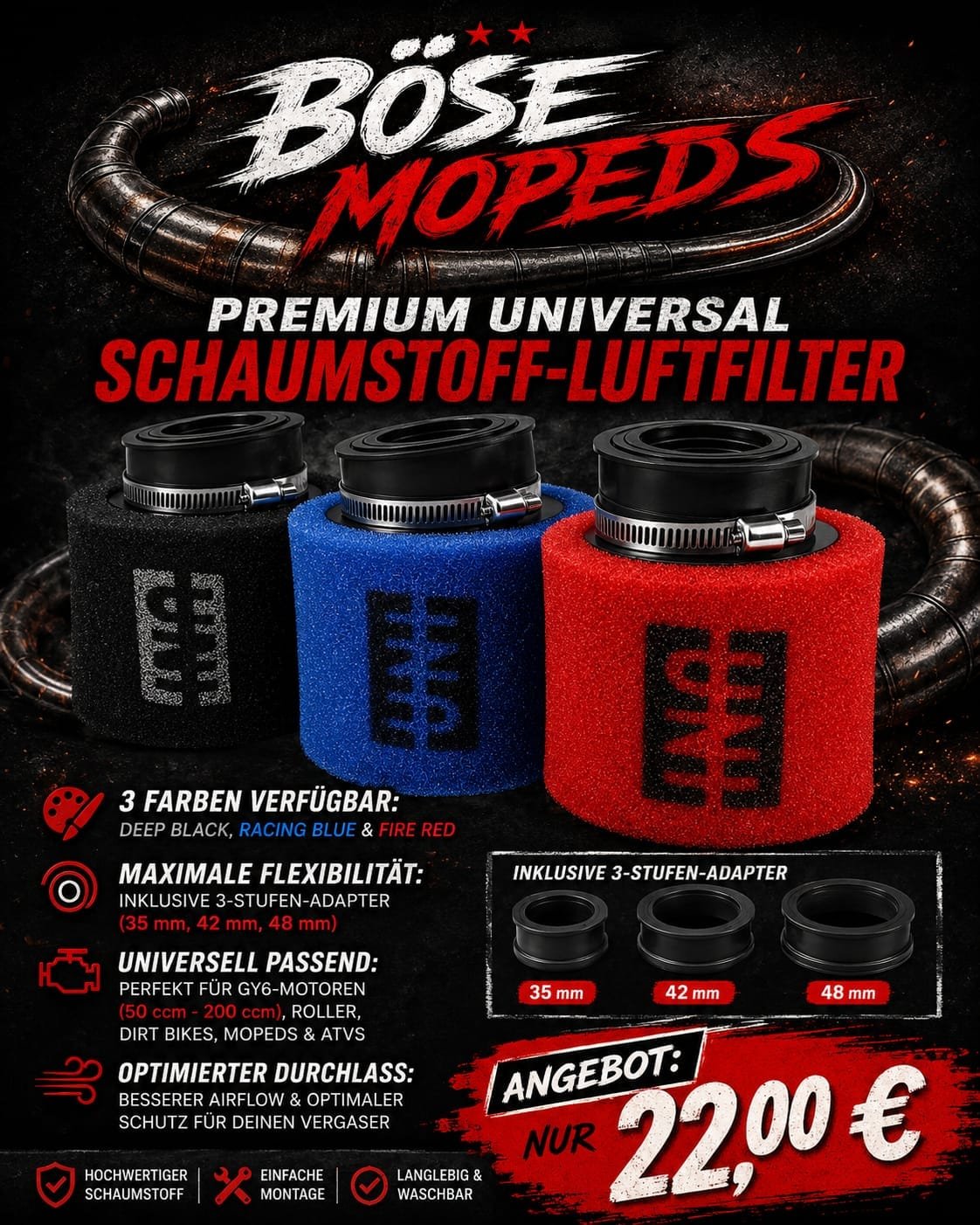 UNI Schaumstoff Sportluftfilter 35/42/48 mm – KSR Moto