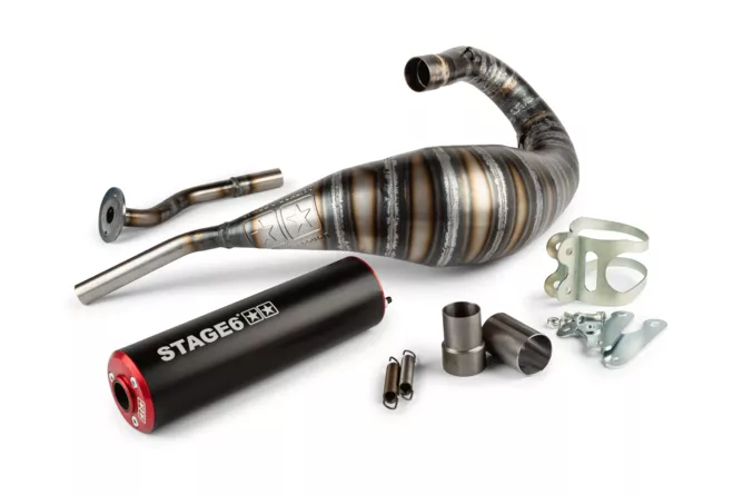 Stage6 80–90cc High-Mount Racing Auspuff Beta RR / HM-Moto / Vent mit CNC Endschalldämpfer Rot/Schwarz