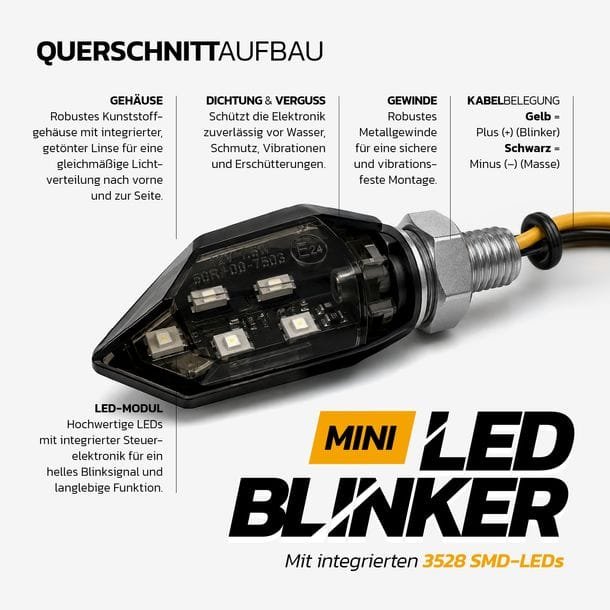 MXT Mini LED Blinker 12V E-geprüft schwarz getönt Universal Motorrad Roller Enduro Supermoto 2 Stück – Bild 8
