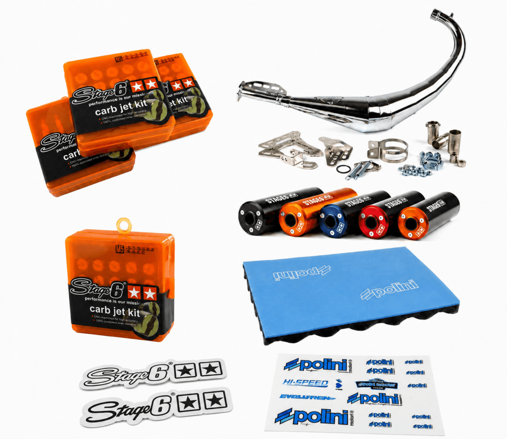 BÖSE MOPEDS 50cc Performance Bundle | Stage6 StreetRace Auspuff verchromt + Polini Luftfiltermatte + Stage6 Vergaserdüsen-Set + Sticker | AM6