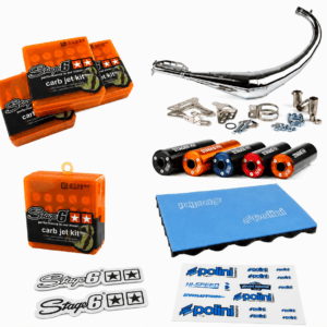 BÖSE MOPEDS 50cc Performance Bundle | Stage6 StreetRace Auspuff verchromt + Polini Luftfiltermatte + Stage6 Vergaserdüsen-Set + Sticker | AM6