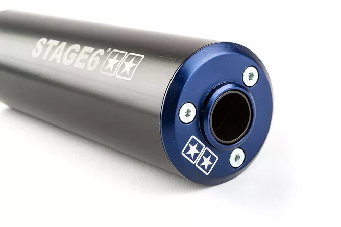 Endschalldämpfer Stage6 50-80cc – Sportlicher Aludämpfer für Linksmontage in Blau/Schwarz