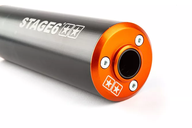 Endschalldämpfer Stage6 50-80cc – Sportlicher Aludämpfer für Linksmontage in Orange/Schwarz