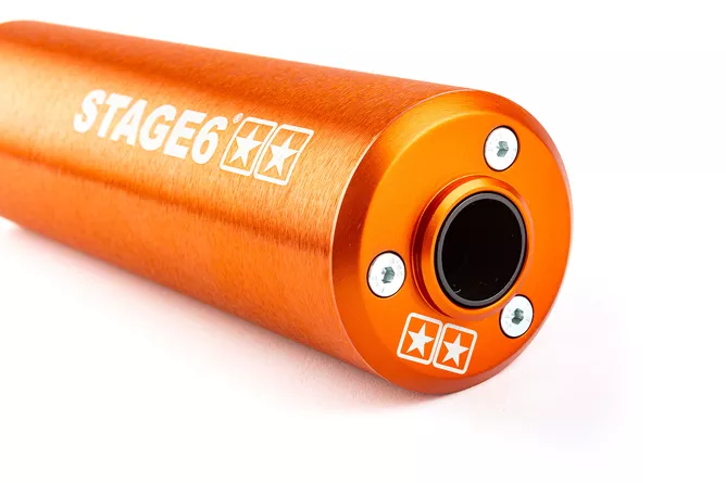 Endschalldämpfer Stage6 50-80cc – Sportlicher Aludämpfer für Linksmontage in Orange