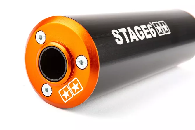 Endschalldämpfer Stage6 50-80cc – Sportlicher Aludämpfer für Rechtsmontage in Orange/ Schwarz