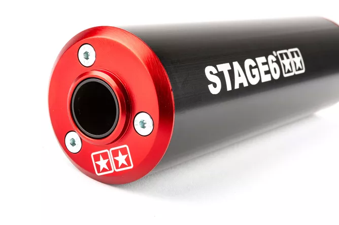 Endschalldämpfer Stage6 50-80cc – Sportlicher Aludämpfer für Rechtsmontage in Rot/ Schwarz